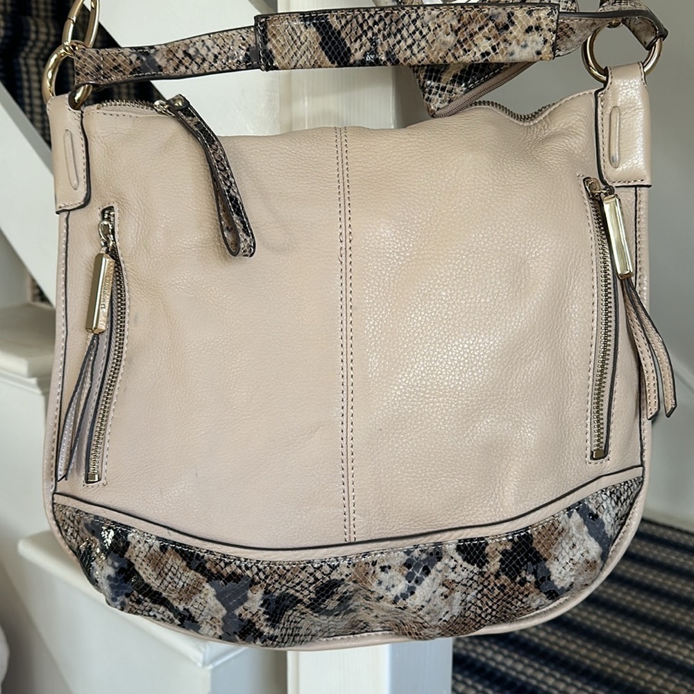 B MAKOWSKY Nude Naked Leather Hobo with Snakeskin Trim & Snakeskin Wristlet